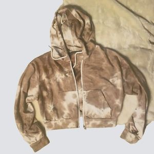 Cropped Hoodie Sweatshirt Full Zip Tie Dye Pink Purple White Sz L